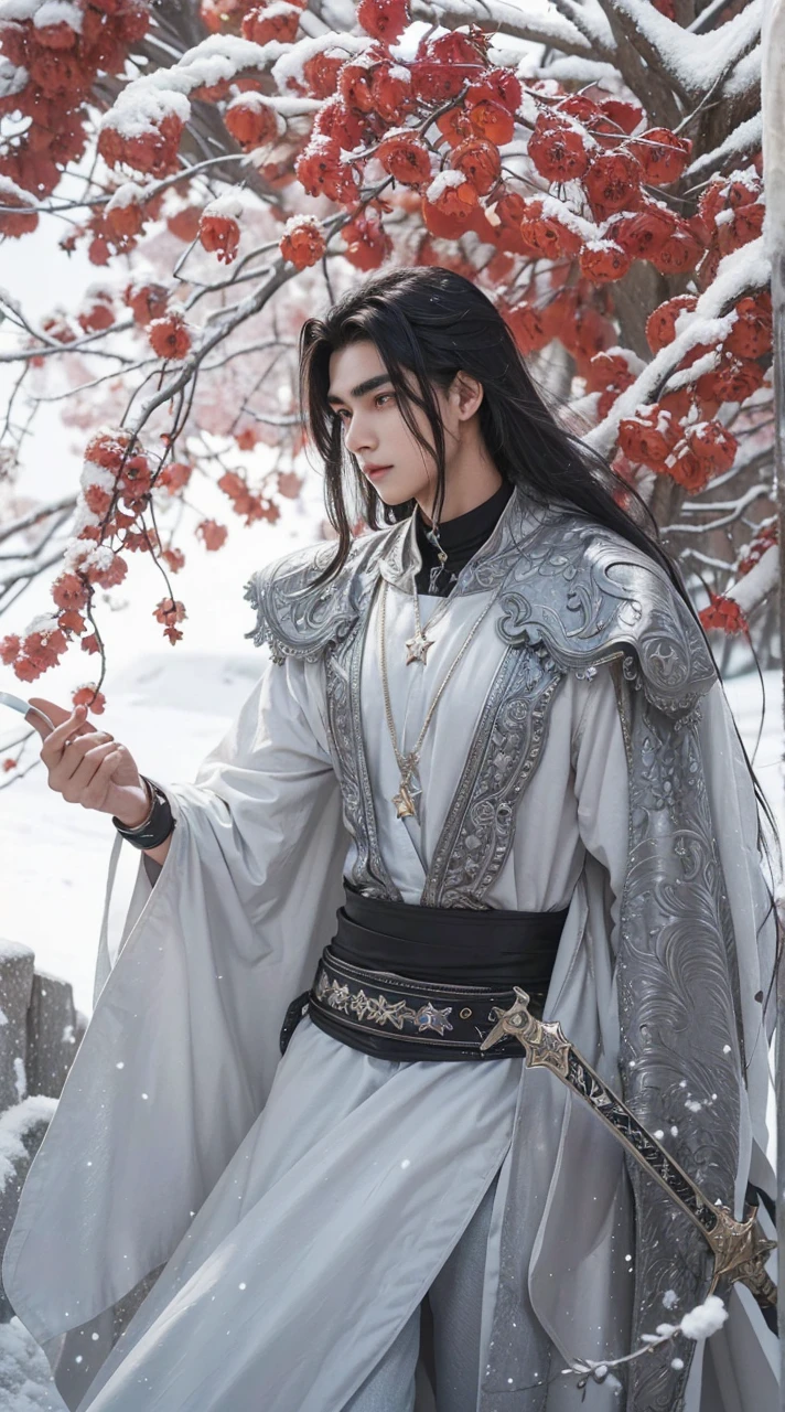 Boys,23 years old,Black long hair,Sword-like eyebrows and star-like eyes,Cold and distant