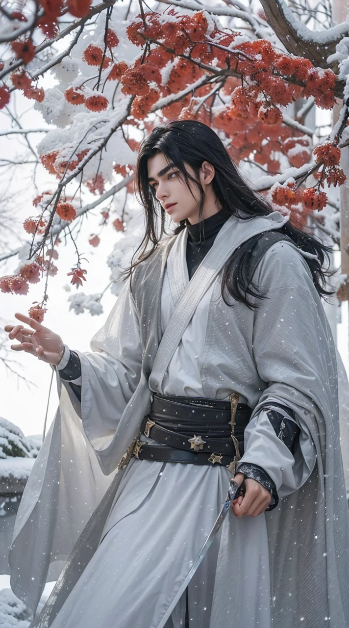 Boys，23 years old，Black long hair，Sword-like eyebrows and star-like eyes，Cold and distant