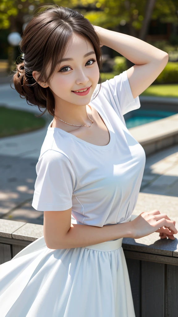 Best quality, masterpiece, 1 Girl, Beautiful face, (Photo-realistic:1.3), Edge lighting, (High Detail Skin:1.2), 8K, Ultra HD, Digital SLR Camera, high quality, high resolution, 4K, 8K, Bokeh, (Realistically:1.3), Cute 1girl, Wearing white T-shirt, Medium breasts, Short white dress,A smile of pure sunshine,