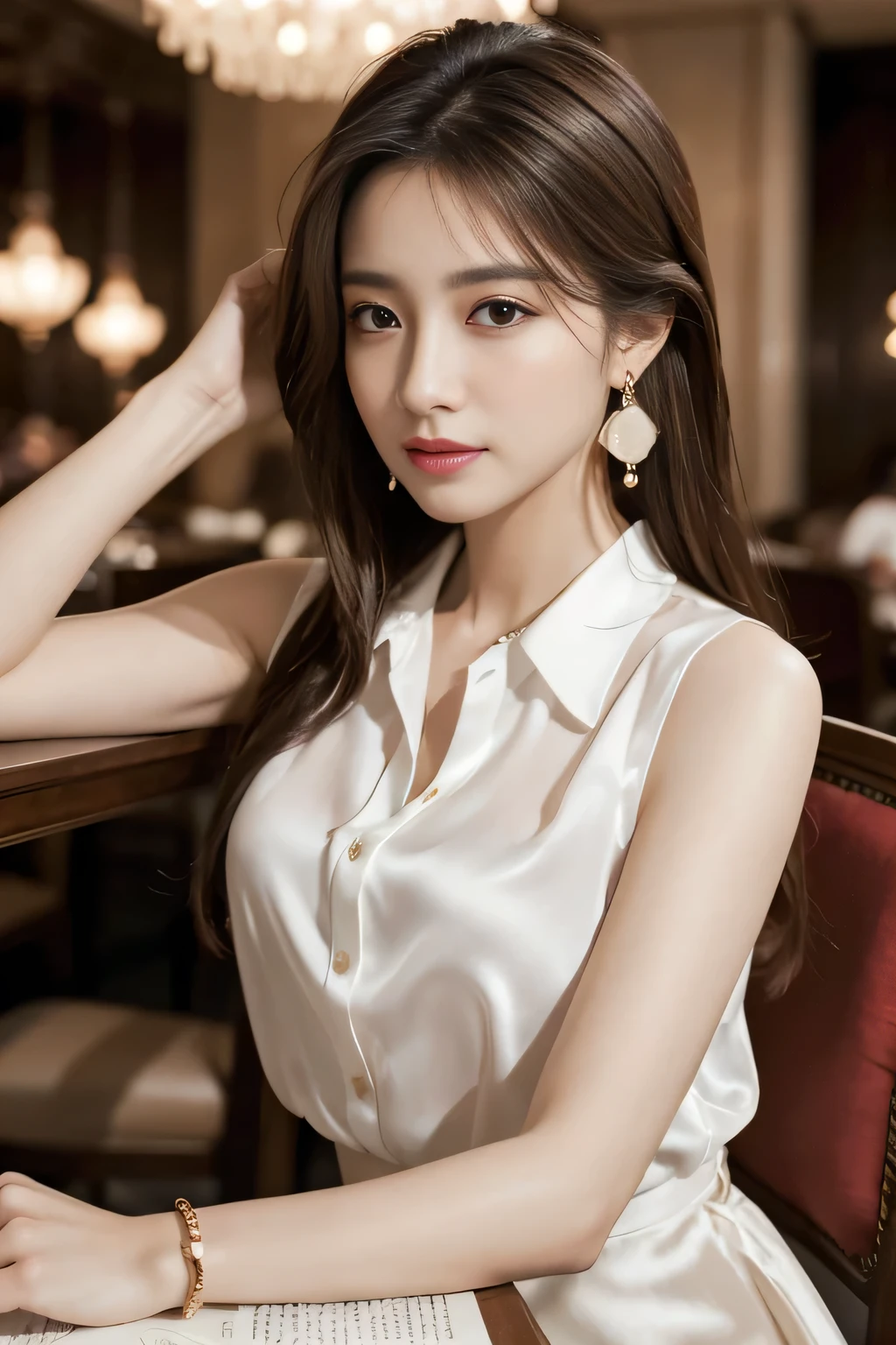 masterpiece, Highest quality, Realistic, Very detailed, Finer details, High resolution, 8k wallpaper, One beautiful woman, Wear an elegant white silk shirt, In a great restaurant, At night, Light brown messy hair, Perfect dynamic composition, Beautiful and beautiful eyes、Big earrings、Sit on a chair、Sleeveless shirt、