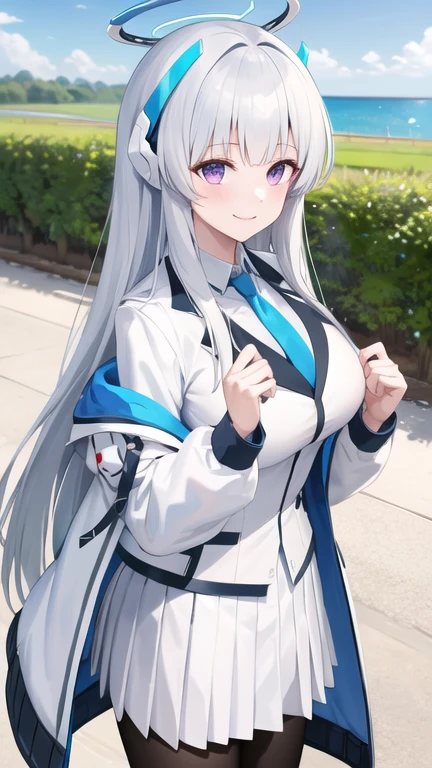 masterpiece, best quality, highres, aanoa, long hair, headgear, mechanical halo, large breasts, blue necktie, white shirt, off shoulder, white jacket, open jacket, long sleeves, white skirt, pleated skirt, black pantyhose, standing, cowboy shot, outdoors, smile