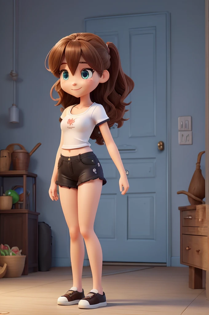 ((tabletop, best qualityer, high resolution, nffsw, pixel perfect, 4K, nffsw, nffsw))), 1 girl in, Solteiro, standing alone, Beauthfull、full body seen、 ((mid wave hair, bangss, chestnut hair)), ((blue colored eyes, Beautiful eyelashes, cartoon eyes)), ((face detailed, blushful:1.2)), ((smooth texture:0.75, realistic texture:0.65, photorrealistic:1.1, anime CG style)), medium breasts, dynamic angle, perfectbody, casual outfit, White tank top、black short shorts,breasts looking、(no-good)、、, white top、during daytime、standing on all fours、Look back、Transverse sinuses、Very embarrassing panic smile、(black lace panties)、