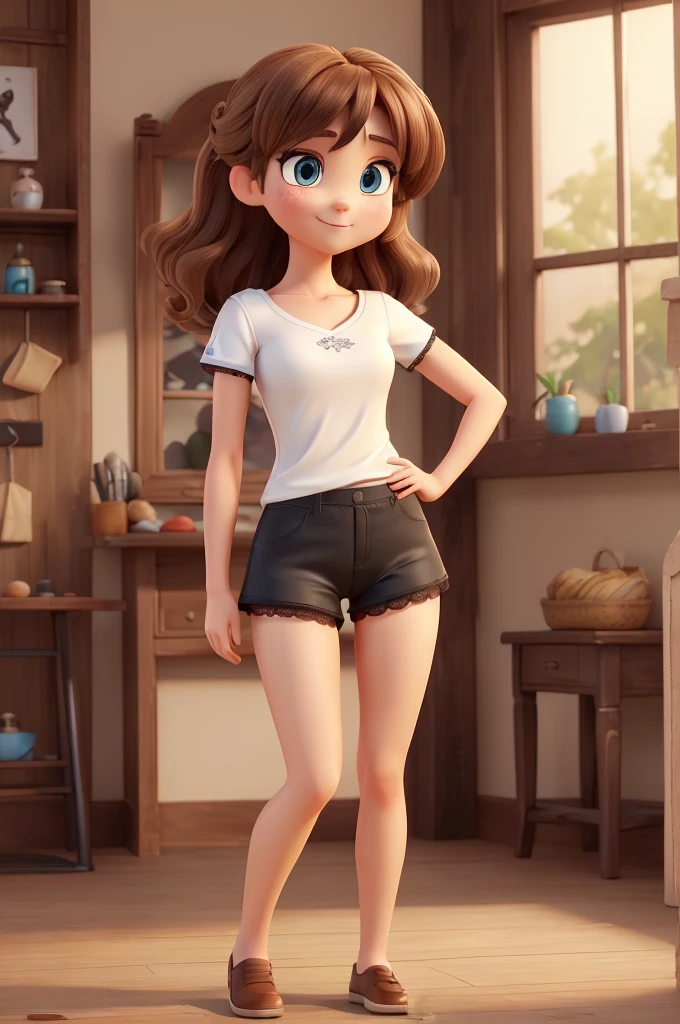 ((tabletop, best qualityer, high resolution, nffsw, pixel perfect, 4K, nffsw, nffsw))), 1 girl in, Solteiro, standing alone, Beauthfull、full body seen、 ((mid wave hair, bangss, chestnut hair)), ((blue colored eyes, Beautiful eyelashes, cartoon eyes)), ((face detailed, blushful:1.2)), ((smooth texture:0.75, realistic texture:0.65, photorrealistic:1.1, anime CG style)), medium breasts, dynamic angle, perfectbody, casual outfit, White tank top、black short shorts,breasts looking、(no-good)、、, white top、during daytime、standing on all fours、Look back、Transverse sinuses、Very embarrassing panic smile、(black lace panties)、
