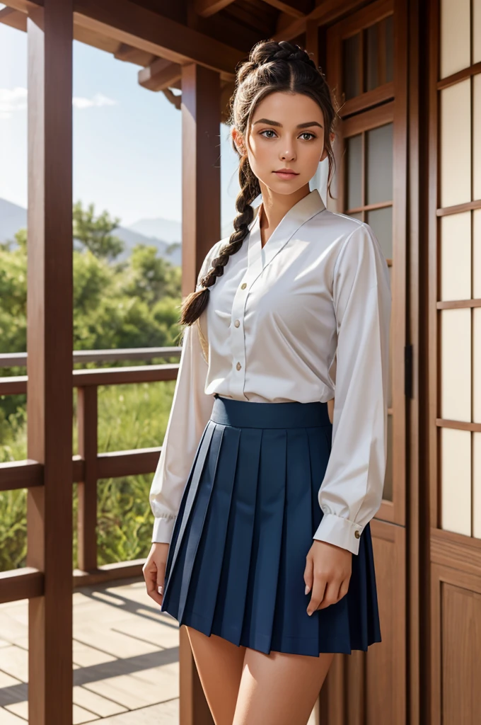 A beautiful young woman 21 years old with fair skin, piercing green eyes and dark curly hair tied into two side braids. She wears a traditional Japanese , consisting of a navy blue pleated skirt, a white long-sleeved blouse . The scene is lit by soft natural light, highlighting your delicate features and thoughtful expression. The uniform is perfectly fitted and impeccable, reflecting your attention to detail and pride in your appearance. 8K quality rendering with exceptional detail and sharpness.