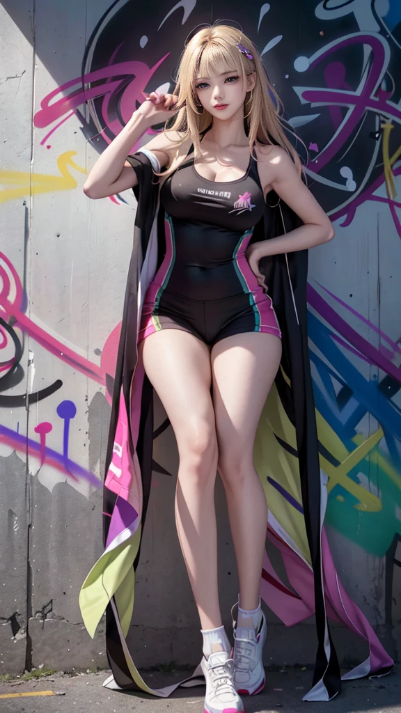 (best quality), masterpiece, Extremely detailed CG8K illustration, High Color, Extremely High Color saturation, All colors are deepened, , graffiti art, Central Composition, Extremely detailed lighting, Graffiti Wall, Walls painted bright colors, 1 girl graffiti 1 girl looking at the wall, Very detailed face and eyes, Medium Length Hair, Sportswear, Colorful Clouds