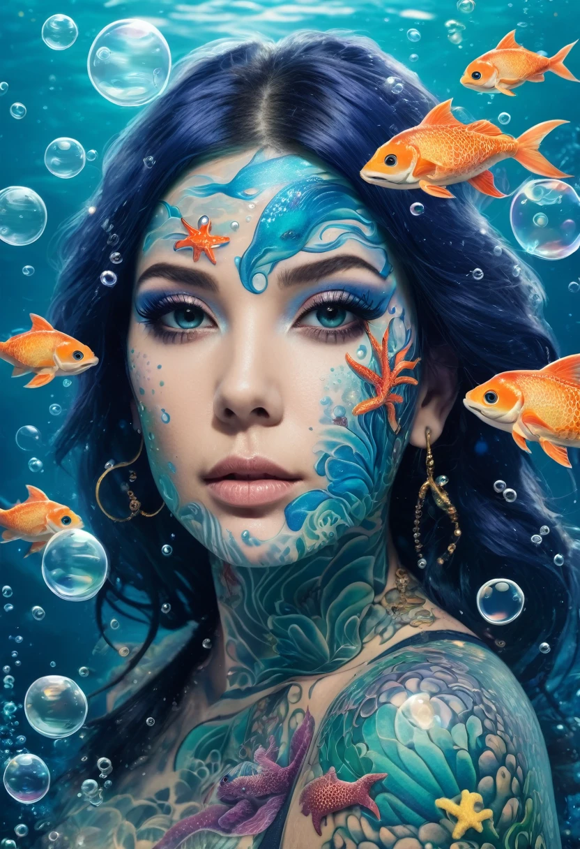 The image features a woman with aquatic-themed tattoos on her face and body, surrounded by bubbles and sea creatures.