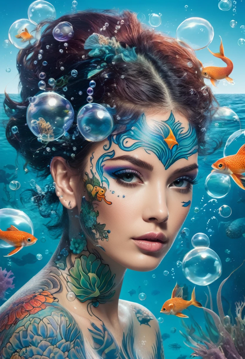  The image features a woman with aquatic-themed tattoos on her face and body, surrounded by bubbles and sea creatures.