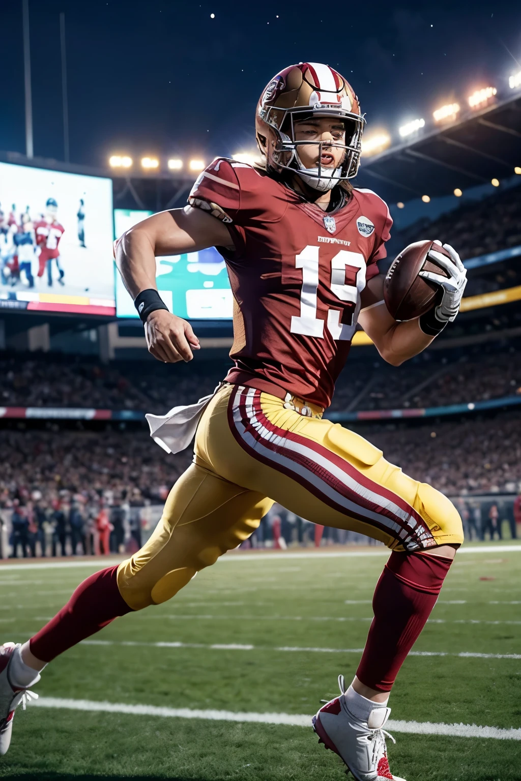 Create an image of a vibrant American football field under the star lights. Kujo Jotaro, with his iconic hat fused with the 49ers helmet, runs determinedly towards the end zone. His red and gold uniform shines as he dodges Cowboys defenders with supernatural agility. Levi's Stadium roars with crowd excitement; thousands of fans dressed in red and gold rise from their seats, waving their t-shirts and flags in the wind, creating a sea of passion and support. The collective roar rises as Jotaro approaches the goal line, the ball securely secured under his arm, ready to score and seal the victory.