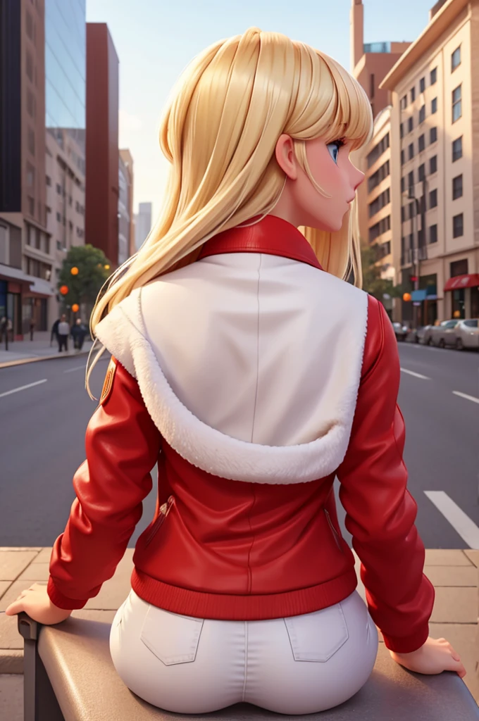 a sexy girl, with BLONDE hair, She is in the city, and is wearing a red jacket open over a WHITE BODY, Blonde with bangs, Blue eyes, visible nipple, view from behind sitting