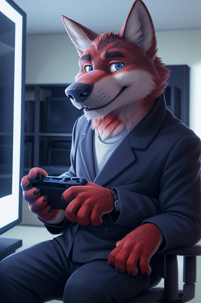 Ivan Fedorovich Wolfbach (Novosibirsk) ,tall handsome, wolf,young, 24 years, brown fur,Kind,(red body:1.3),beautiful blue eyes,Novosibirsk,dressed, blazer,White shirt,trousers,shoes,самый Kind, canine, wolf, detailed fur, male, antro, paw pads, finger claws,at viewer, 5 fingers, paws, 5 fingers, smile, wrist watch, т nextel,by xenoforge, (difficult, high detail, digital photography, soft focus, RAW species палаты ,very close to the camera, species,Novosibirsk, smile, a good mood, positive, very close to the camera,Houses, sitting in a chair, plays guitar, hall, television, gaming console,
Photorealism, realistic, photorealistic, digital style, Subsurface scattering,Looking at the viewer, holds, child, lupus,
masterpiece, Best quality, ultra realistic, 8 k)