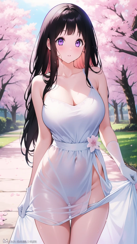 Amazing Chitanda, There is only one beautiful girl,Purple Eyes, Black Hair, Very red face,Very white skin,Glowing skin,Skin as delicate as porcelain,Naturally straight hair, Straight bangs,Extremely refined,Open lips,Long flowing hair,Beautiful Girl, Like a dream,Slim,Slim waist,Soft, (Sensual), (Kawaii), Dream quality,Beautiful big breasts,Transparent loose dress,Areola,Completely naked,White gloves,Flower decoration,Deep V neckline,Loose neckline,Wide neckline,Walking in school,Place your hands on your inner thighs,Thighs clamp hands,Wet skin,Sweaty and sweaty,Underwear Rain,Next to the cherry blossom trees,Back to,Lean over,Hips,Side body,Gluteal groove,Completely naked的臀部,Bare back,Completely naked的背部,Light transmission,(no pants),nopan,pussy juice,Bare shoulders,Bare neck,Exposed collarbone,Exposing breasts,Exposing breasts侧面,Exposing breasts下面,Show your waist,Show your buttocks,Show your thighs,Exposing the groin,(No pants),extremely shy,Ultra-high resolution, (masterpiece:1.2, best quality), (Delicate and beautiful eyes: 1.2), (Beautiful and delicate face)