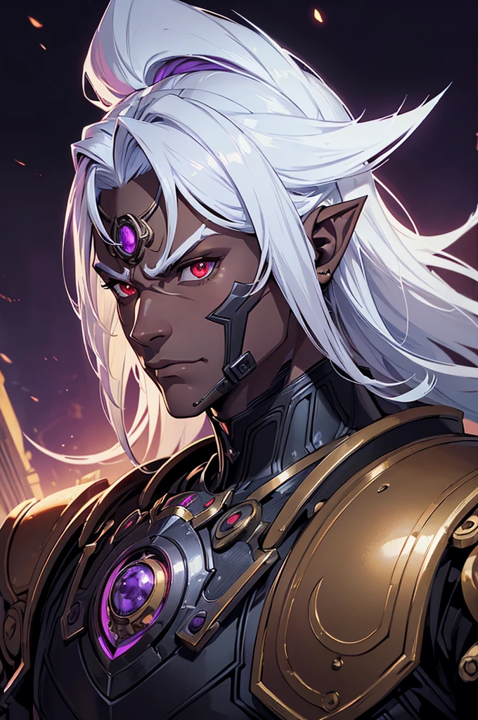 ((best quality)), ((masterpiece)), (detailed), ((boy)), ((mechanical armor)), (steampunk), (serious), dark skinned, human, upper body, portrait, red eyes, long white hair, Xemnas from Kingdom Hearts, half-drow, pointy ears, serious face, dramatic lighting, purple hue, art by Kinema Citrus