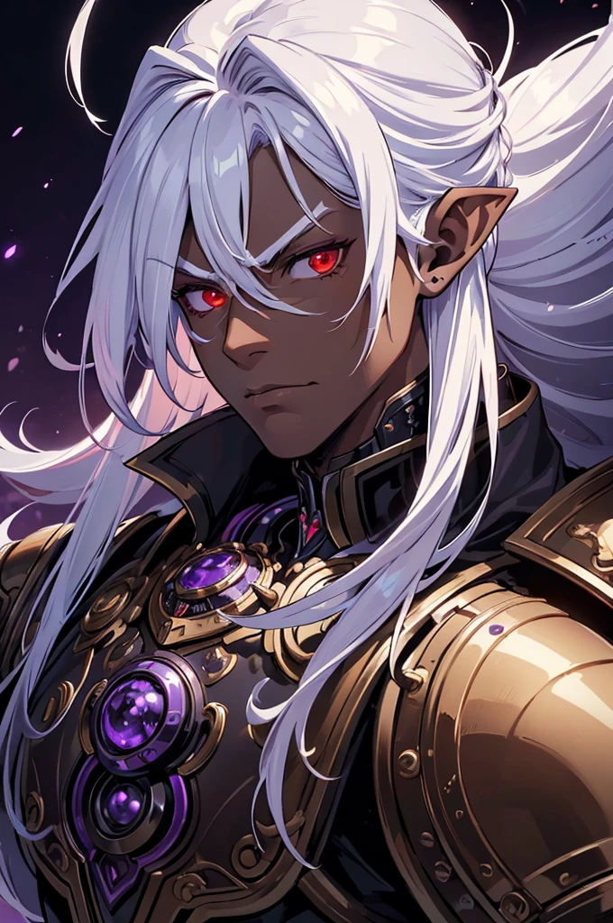 ((best quality)), ((masterpiece)), (detailed), ((boy)), ((mechanical armor)), (steampunk), (serious), dark skinned, human, upper body, portrait, red eyes, long white hair, Xemnas from Kingdom Hearts, half-drow, pointy ears, serious face, dramatic lighting, purple hue, art by Kinema Citrus
