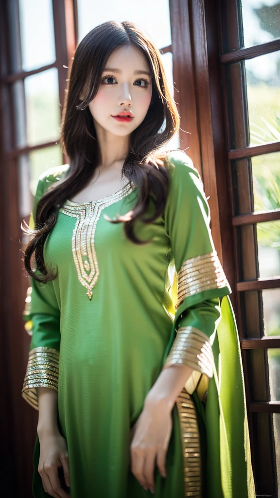 (((HD photo))), ultra high res.photorealistic:. 1.4, UHD 1 girl,beautiful detailed eyes,beautiful detailed lips,extremely detailed face,long eyelashes,medium:oil painting,soft lighting,impressionistic style,red colors,beautifully shalwar kameez dressed,wistful expression,standing with one hand on the window frame,gentle breeze blowing her hair,warm sunlight streaming through the window,green plants visible outside the window,soft curtains framing the girl,peaceful atmosphere,serene and tranquil ambiance