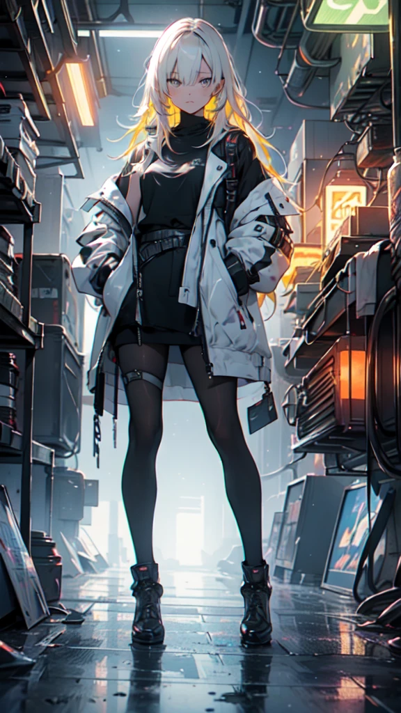 1 girl, long Yellow hair , cyberpunk, blue eyes, high heels, hand in pocket, best quality, 4k, 8k, highres, masterpiece:1.2, ultra-detailed, realistic, photorealistic, photo-realistic:1.37, HDR, UHD, studio lighting, ultra-fine painting, sharp focus, physically-based rendering, extreme detail description, professional, vivid colors, bokeh, cyberpunk, science fiction, neon lights, dark atmosphere, dramatic lighting