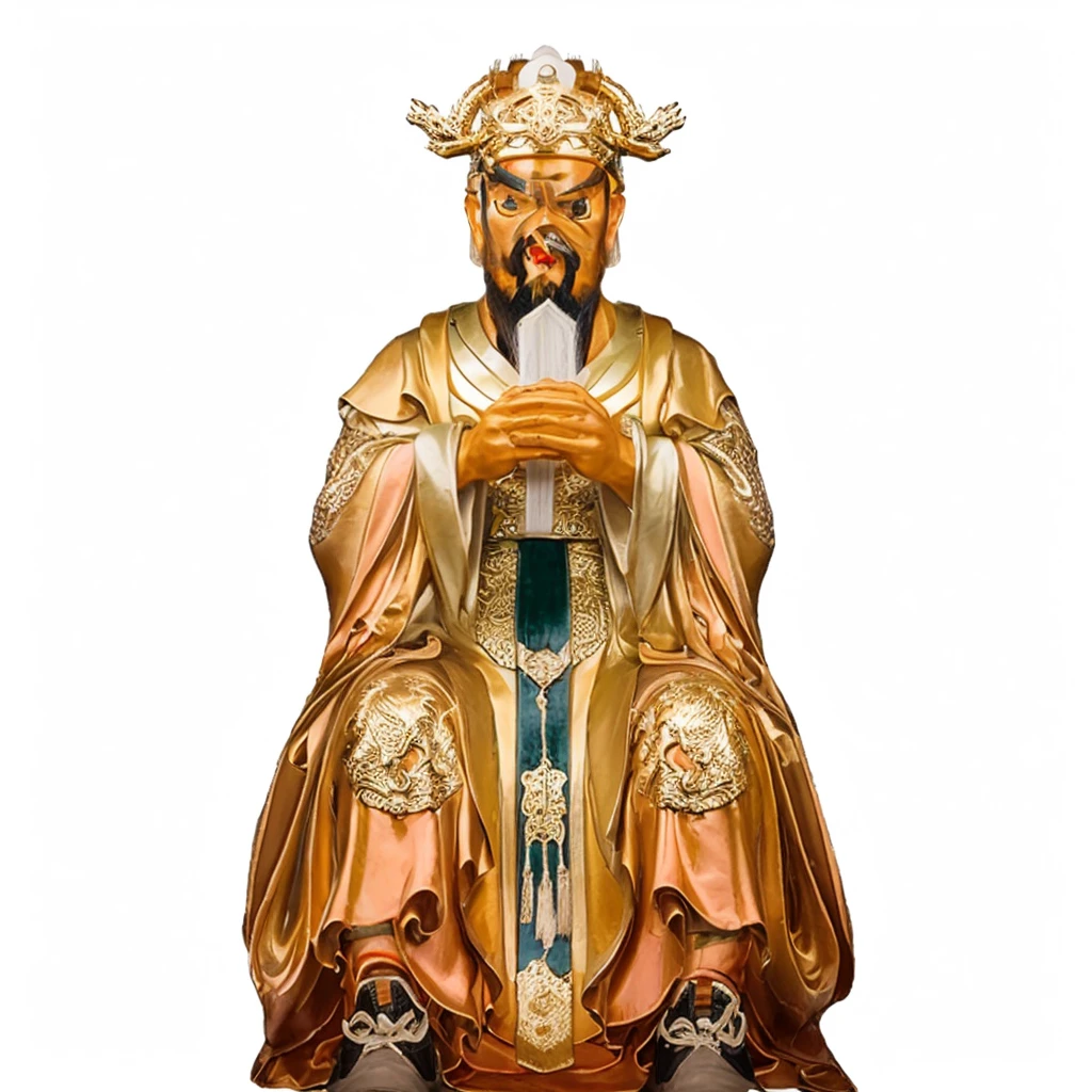 ancient chinese man with beard, emperor robe, holding a white arrow shape Metalplate,  dragon patterns on robe