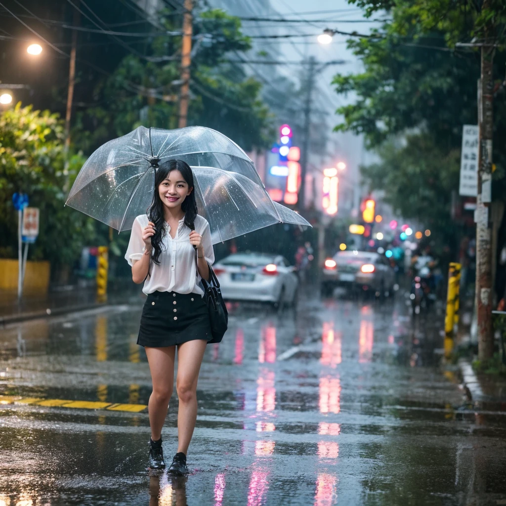 songkran,(((Umbrella is hidden))),Wet roads , soaked through,drenched, Dripping, Wet Face,Wet clothes, Wet Skin, Wet Hair,A young woman with a cute face like an idol,chest,((chestの谷間)),((Full body portrait)),(White blouse),cling,RAW Photos,Genuine,Genuine,High resolution,RAW Photos,masterpiece, Genuineistic, beautiful