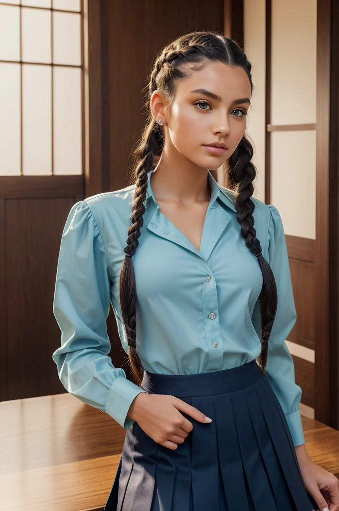 A beautiful young woman 21 years old with fair skin, piercing green eyes and dark curly hair tied into two side braids. She wears a traditional Japanese , consisting of a navy blue pleated skirt, a white long-sleeved blouse . The scene is lit by soft natural light, highlighting your delicate features and thoughtful expression. The uniform is perfectly fitted and impeccable, reflecting your attention to detail and pride in your appearance. 8K quality rendering with exceptional detail and sharpness.