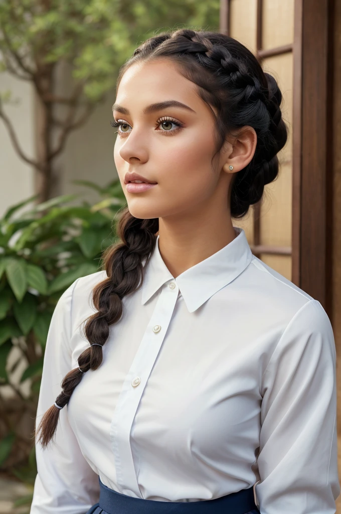 A beautiful young woman 21 years old with fair skin, piercing green eyes and dark curly hair tied into two side braids. She wears a traditional Japanese , consisting of a navy blue pleated skirt, a white long-sleeved blouse . The scene is lit by soft natural light, highlighting your delicate features and thoughtful expression. The uniform is perfectly fitted and impeccable, reflecting your attention to detail and pride in your appearance. 8K quality rendering with exceptional detail and sharpness.