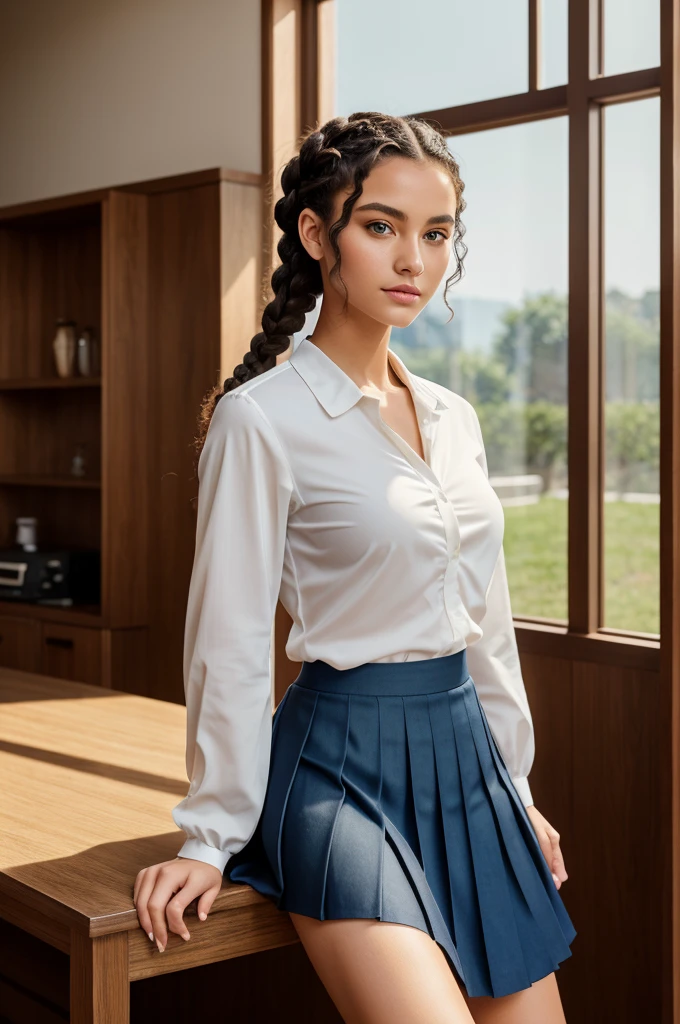 A beautiful young woman 21 years old with fair skin, piercing green eyes and dark curly hair tied into two side braids. She wears a traditional Japanese , consisting of a navy blue pleated skirt, a white long-sleeved blouse . The scene is lit by soft natural light, highlighting your delicate features and thoughtful expression. The uniform is perfectly fitted and impeccable, reflecting your attention to detail and pride in your appearance. 8K quality rendering with exceptional detail and sharpness.