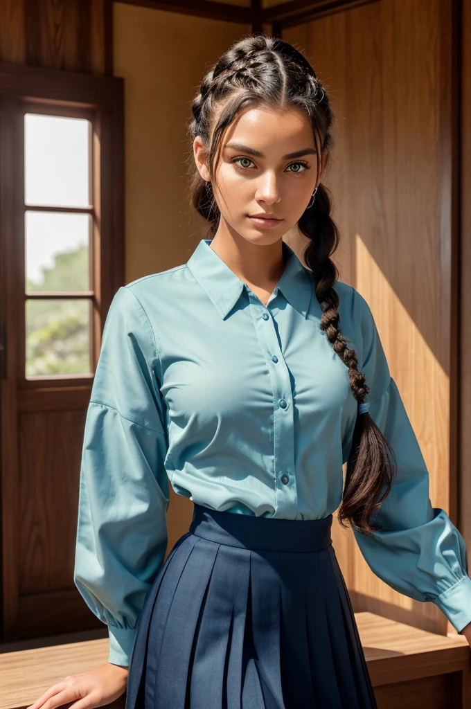 A beautiful young woman 21 years old with fair skin, piercing green eyes and dark curly hair tied into two side braids. She wears a traditional Japanese , consisting of a navy blue pleated skirt, a white long-sleeved blouse . The scene is lit by soft natural light, highlighting your delicate features and thoughtful expression. The uniform is perfectly fitted and impeccable, reflecting your attention to detail and pride in your appearance. 8K quality rendering with exceptional detail and sharpness.