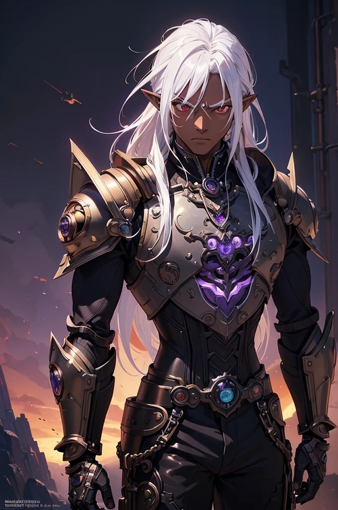 ((best quality)), ((masterpiece)), (detailed), ((boy)), ((mechanical armor)), (steampunk), (serious), dark skinned, human, upper body, portrait, red eyes, long white hair, Xemnas from Kingdom Hearts, half-drow, pointy ears, serious face, dramatic lighting, purple hue, art by Kinema Citrus and Tetsuya Nomura