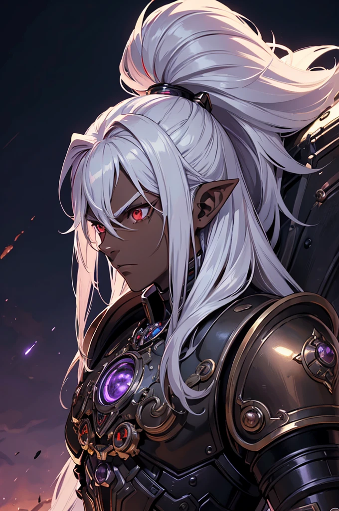 ((best quality)), ((masterpiece)), (detailed), ((boy)), ((mechanical armor)), (steampunk), (serious), dark skinned, human, upper body, portrait, red eyes, long white hair, Xemnas from Kingdom Hearts, half-drow, pointy ears, serious face, dramatic lighting, purple hue, art by Kinema Citrus and Tetsuya Nomura