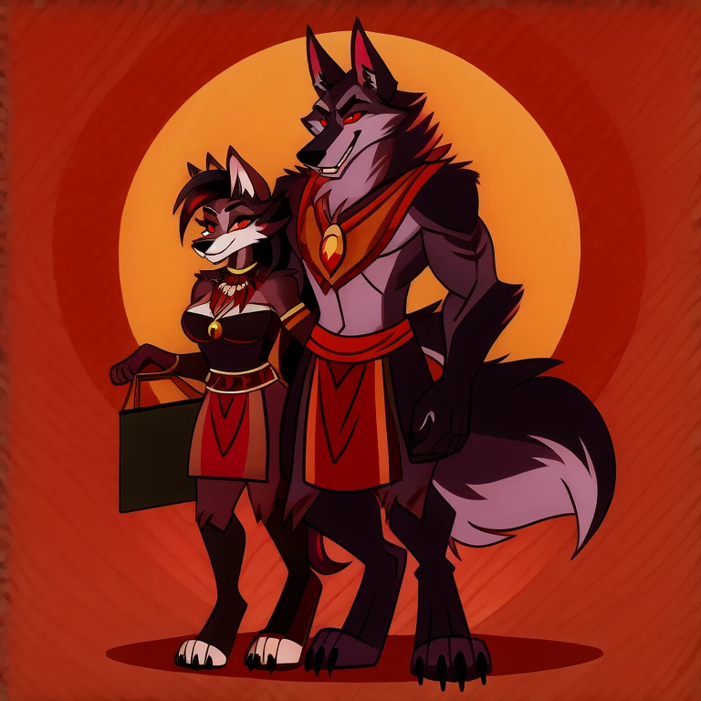 (masterpiece, best quality:1.2), Vortex female and male hellhounds couple, wolf, furry, helluva boss, yellow_tabard, tribal clothes, carrying a tray with golden cups full body image