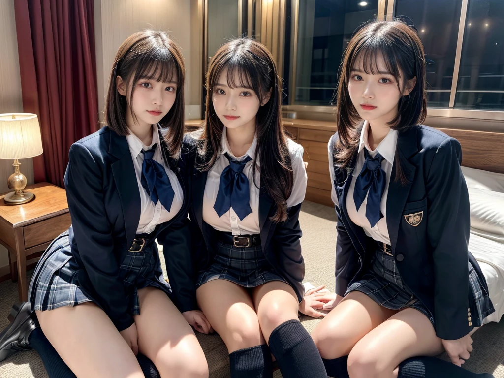 (8K, Raw photography, top-quality, masterpiece:1.2), master piece, best quality, illustration, Super detailed, fine details, High resolution, 8K,wall paper, perfect dynamic composition,(Details High quality, realistic depiction of eyes:1.3), ((2 girls, 2 schoolgirls)), The background is a luxury hotel room、High school girl uniform、blazer 、Super Short Check Uniform Skirt、Navy blue high socks、garterbelts、Colossal tits、Disturbed uniform, Play with each other,Touching each other's bodies,Touching the body of the girl next door, short bob hair, black hair color, huge breasts, Big Natural Color Lip, bold sexy pose, (perfect body shape), crying a little、cold gaze, Beautiful makeup,glitter makeup,Cutest 18 years old, beautiful legs, hposing Gravure Idol, Voluptuous thighs