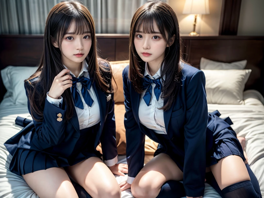 (8K, Raw photography, top-quality, masterpiece:1.2), master piece, best quality, illustration, Super detailed, fine details, High resolution, 8K,wall paper, perfect dynamic composition,(Details High quality, realistic depiction of eyes:1.3), ((2 girls, 2 schoolgirls)), The background is a luxury hotel room、High school girl uniform、blazer 、Super Short Check Uniform Skirt、Navy blue high socks、garterbelts、Colossal tits、Disturbed uniform, Play with each other,Touching each other's bodies,Touching the body of the girl next door, short bob hair, black hair color, huge breasts, Big Natural Color Lip, bold sexy pose, (perfect body shape), crying a little、cold gaze, Beautiful makeup,glitter makeup,Cutest 18 years old, beautiful legs, hposing Gravure Idol, Voluptuous thighs