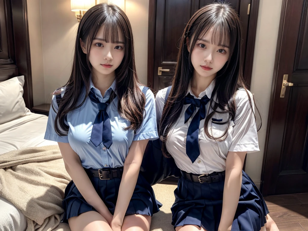 (8K, Raw photography, top-quality, ​masterpiece:1.2), master piece, best quality, illustration, Super detailed, fine details, High resolution, 8K,wall paper, perfect dynamic composition,(Details High quality, realistic depiction of eyes:1.3), ((2 girls, 2 schoolgirls)), The background is a luxury hotel room、High school girl uniform、blazer 、Super Short Check Uniform Skirt、Navy blue high socks、garterbelts、Colossal tits、Disturbed uniform, Play with each other,Touching each other's bodies,Touching the body of the girl next door, short bob hair, black hair color, huge breasts, Big Natural Color Lip, bold sexy pose, (perfect body shape), crying a little、cold gaze,  Beautiful makeup,glitter makeup,Cutest 18 years old, beautiful legs, hposing Gravure Idol, Voluptuous thighs