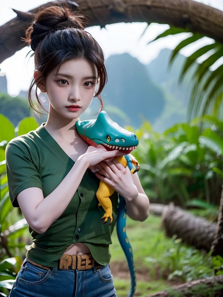 Chica linda como wang yiren, in jurassic park jurassic park with a little dinosaur.