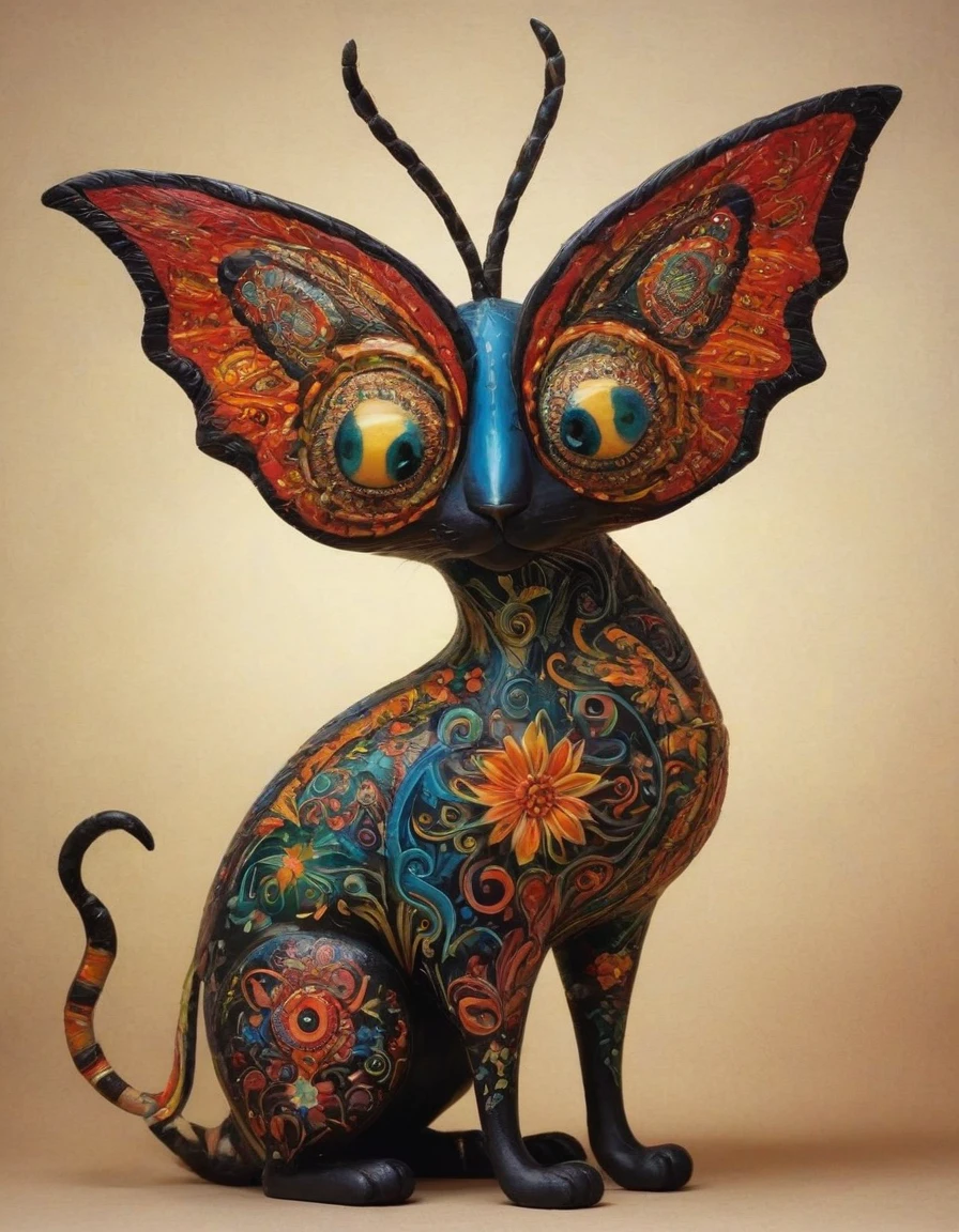 fantastic animals, mexican alebrijes, insect mix, flying birds and cats, all with an unreal style very typical of Tim Burton.