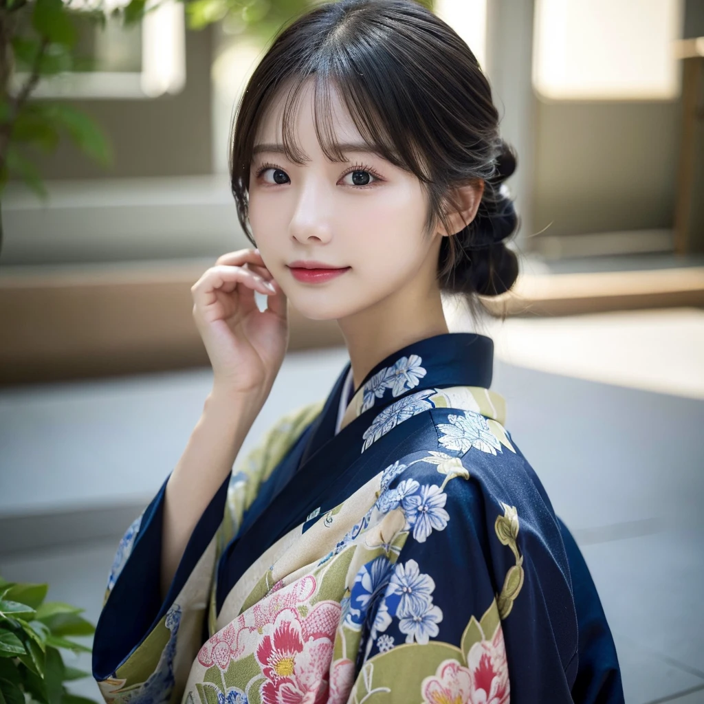 (Kimono)、(top-quality,masterpiece:1.3,超A high resolution,),(ultra-detailliert,Caustics),(Photorealsitic:1.4,RAW shooting,)Ultra-realistic capture,A highly detailed,High resolution 16K human skin closeup。 Skin texture is natural、,The pores are、Must be detailed enough to be easy to identify。 Skin should look healthy with even tones。 Use natural light and color,女の子1人,japanes,25-years old,kawaii,A dark-haired,Middle hair,,smil,,(depth of fields、chromatic abberation、、Wide range of lighting、Natural Shading、)、