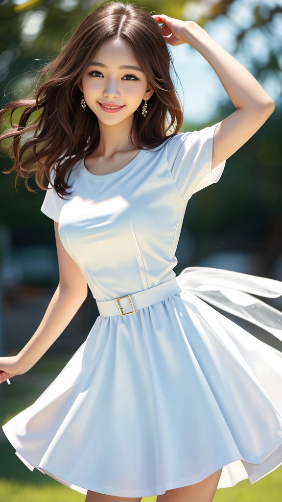 Best quality, masterpiece, 1 Girl, Beautiful face, (Photo-realistic:1.3), Edge lighting, (High Detail Skin:1.2), 8K, Ultra HD, Digital SLR Camera, high quality, high resolution, 4K, 8K, Bokeh, (Realistically:1.3), Cute 1girl, Wearing white T-shirt, Medium breasts, Short white dress,A smile of pure sunshine,