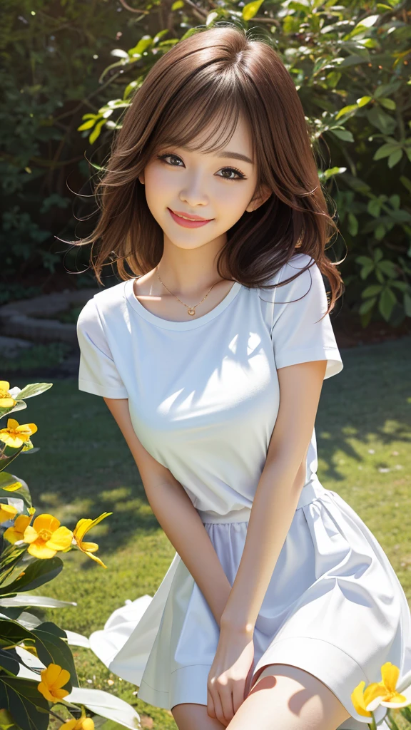 Best quality, masterpiece, 1 Girl, Beautiful face, (Photo-realistic:1.3), Edge lighting, (High Detail Skin:1.2), 8K, Ultra HD, Digital SLR Camera, high quality, high resolution, 4K, 8K, Bokeh, (Realistically:1.3), Cute 1girl, Wearing white T-shirt, Medium breasts, Short white dress,A smile of pure sunshine,