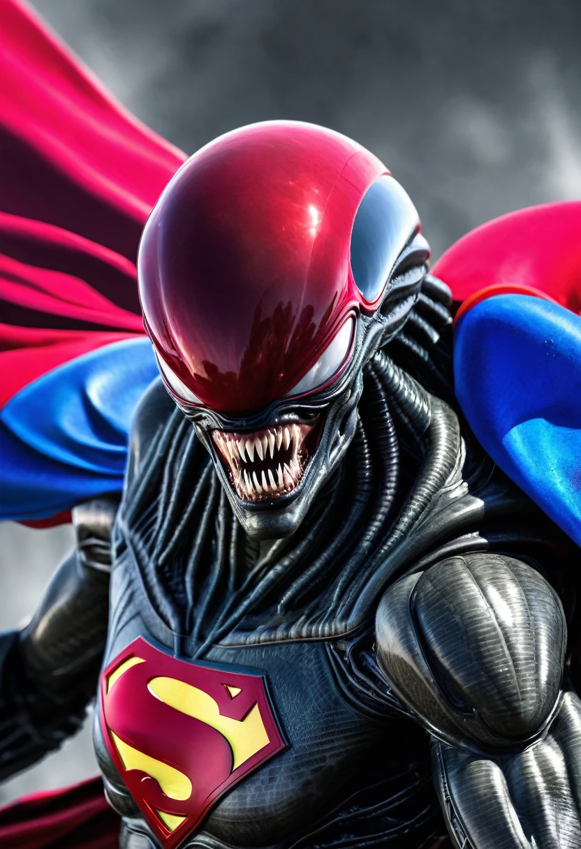 (((Extreme close-up Xenomorph Alien the eighth passenger versus Superman Henry Cavill battle of champions surreal images color Splash))