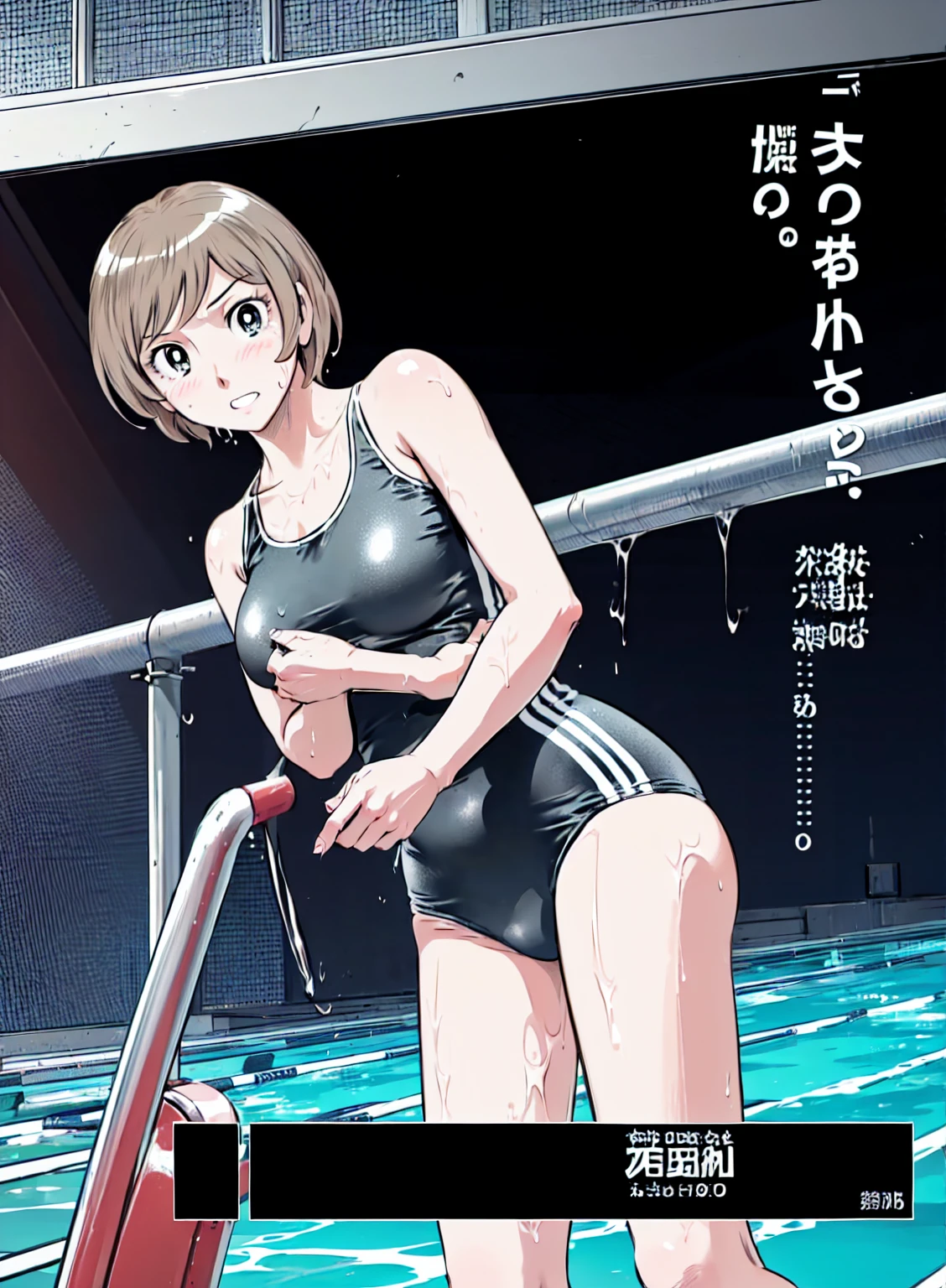 Blonde, (short hair:1.2)、((Illustration of a person))、Big Breasts、
View your viewers,, (Highest quality:1.3),blue eye star piece、Highest quality)、Highest quality, Ultra-high resolution, (((masterpiece))), alone, Sweat、Big eyes、Big Breasts、One Girl, Front view、Embarrassed face、Bronze colored hair、((short hair))、One Girl, alone, blush, Big Breasts,
Bare arms, Wet, Pool, 青いSchool Swimsuit, Thighs, Place your arms at your sides, Bare arms, Cowboy Shot, Are standing, School Swimsuit,bite、High Leg、mansuji