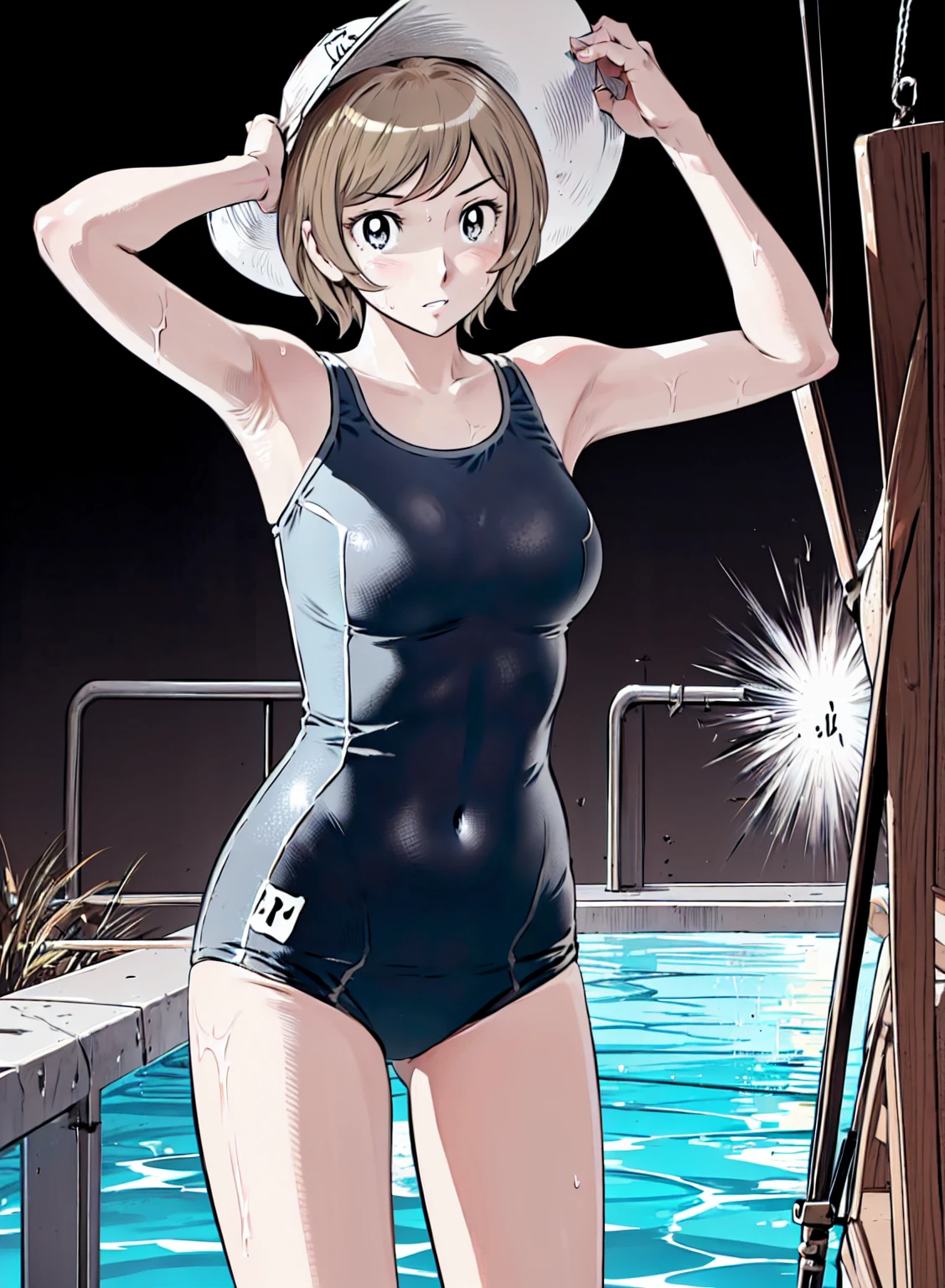 
Blonde, (short hair:1.2)、((Illustration of a person))、Big Breasts、
View your viewers,, (Highest quality:1.3),blue eye star piece、Highest quality)、Highest quality, Ultra-high resolution, (((masterpiece))), alone, Sweat、Big eyes、Big Breasts、One Girl, Front view、Embarrassed face、Bronze colored hair、((short hair))、One Girl, alone, blush, Big Breasts,
Bare arms, Wet, Pool, 青いSchool Swimsuit, Thighs, Place your arms at your sides, Bare arms, Cowboy Shot, Are standing, School Swimsuit,bite、High Leg、mansuji