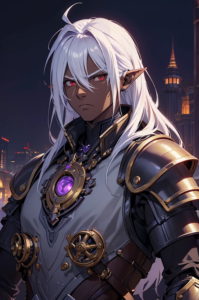 ((best quality)), ((masterpiece)), (detailed), ((boy)), ((mechanical armor)), (steampunk), (serious), dark skinned, human, upper body, portrait, red eyes, long white hair, Xemnas from Kingdom Hearts, half-drow, pointy ears, serious face, dramatic lighting, purple hue, art by Kinema Citrus and Tetsuya Nomura