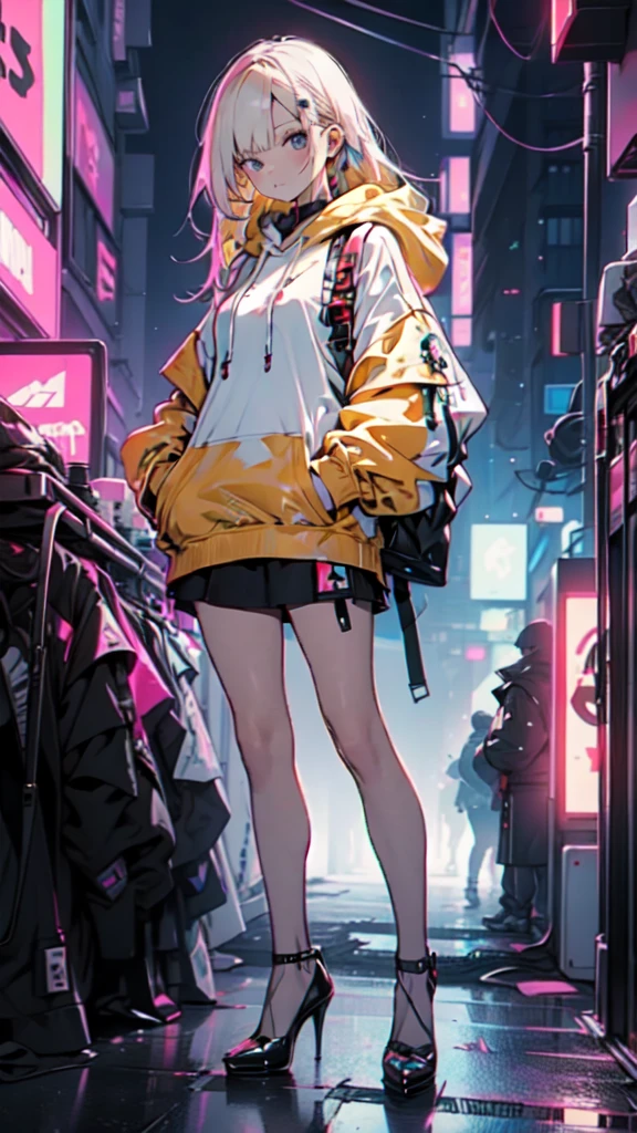 a girl with long yellow hair, blue eyes, wearing an orange hoodie and black heels, in a cyberpunk setting with her hand in her pocket, pink background