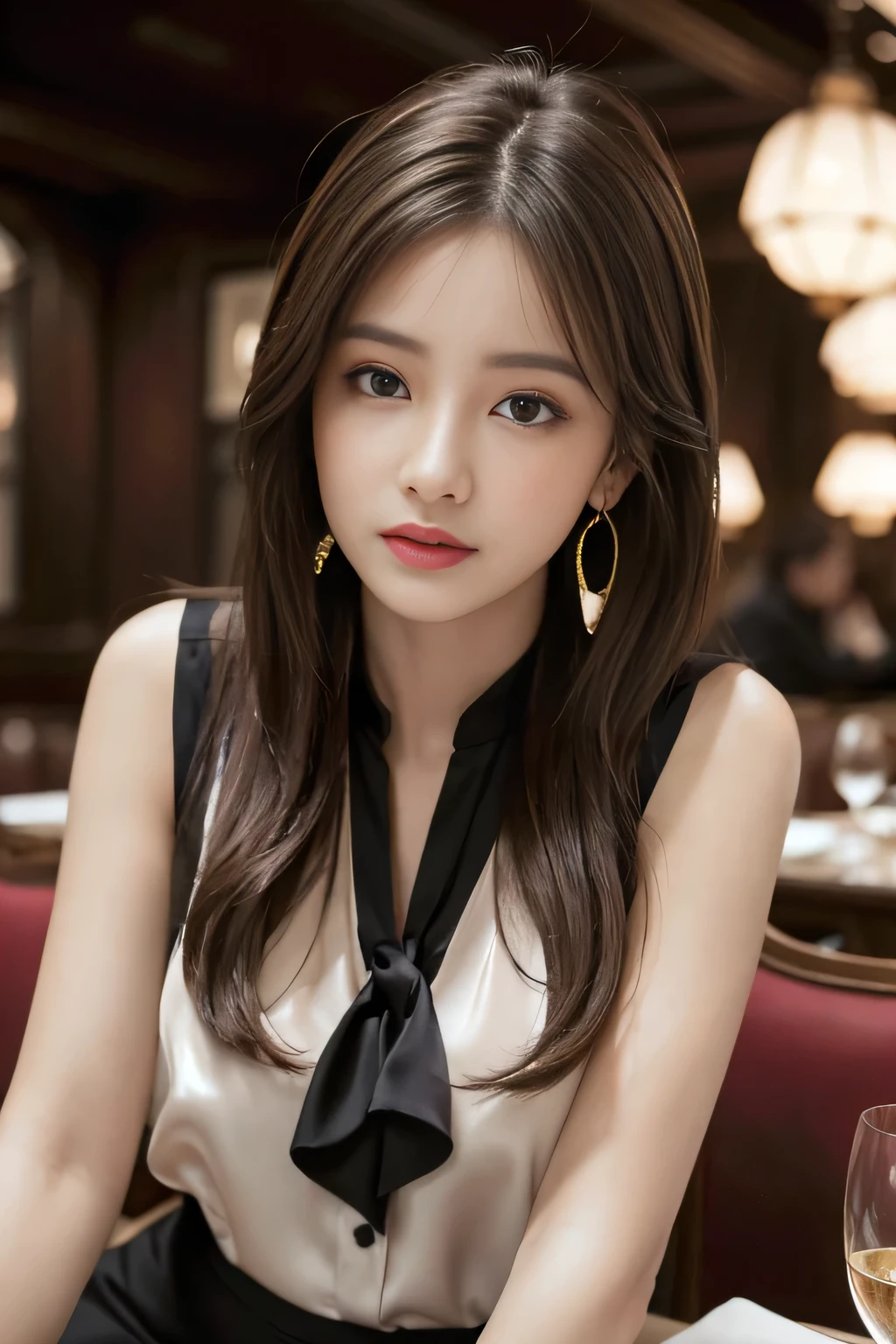 masterpiece, Highest quality, Realistic, Very detailed, Finer details, High resolution, 8k wallpaper, One beautiful woman, Wear an elegant silk shirt, In a great restaurant, At night, Light brown messy hair, Perfect dynamic composition, Beautiful and beautiful eyes、Big earrings、Sit on a chair、Sleeveless shirt、