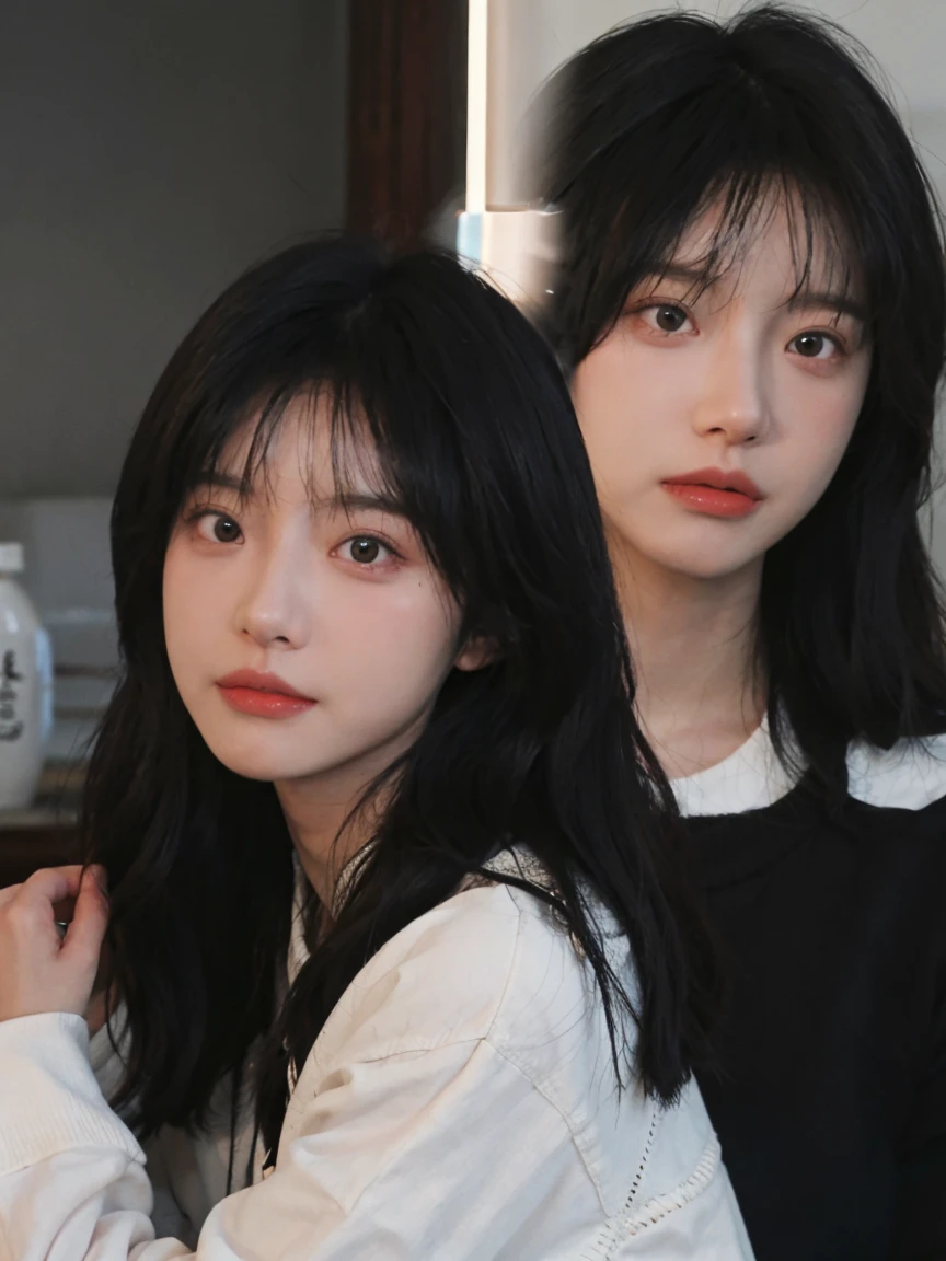 best qualtiy, Ultra-high resolution, (realisticlying:1.4), A woman with long black hair and a gray sweater, The scene is, She has black hair,By bangs, young lovely Korean faces, wan adorable korean face, ulzzangs, Shin Jinying, beautiful aesthetic face, Korean face features, Played by Liu Lee Ji Eun ,Beautiful realistic face
