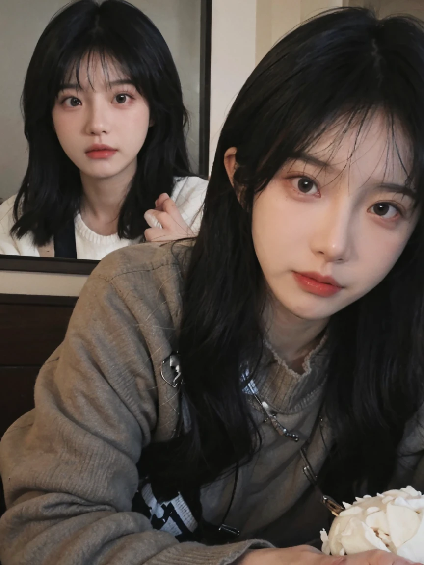 best qualtiy， Ultra-high resolution， （realisticlying：1.4）， A woman with long black hair and a gray sweater, The scene is, She has black hair，By bangs, young lovely Korean faces, wan adorable korean face, ulzzangs, Shin Jinying, beautiful aesthetic face, Korean face features, Played by Liu Lee Ji Eun ，Beautiful realistic face