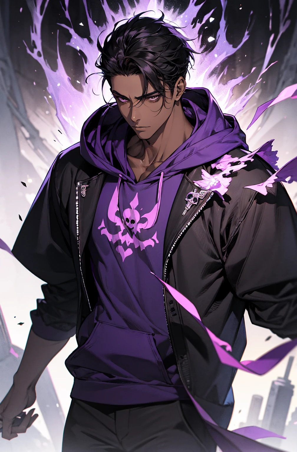male with bones, looking away from camera, skulls, bones, handsome, black, dark skin, tall, broad shoulders, black hair, purple, purple fire, magic, detailed face, fantasy, hoodie
