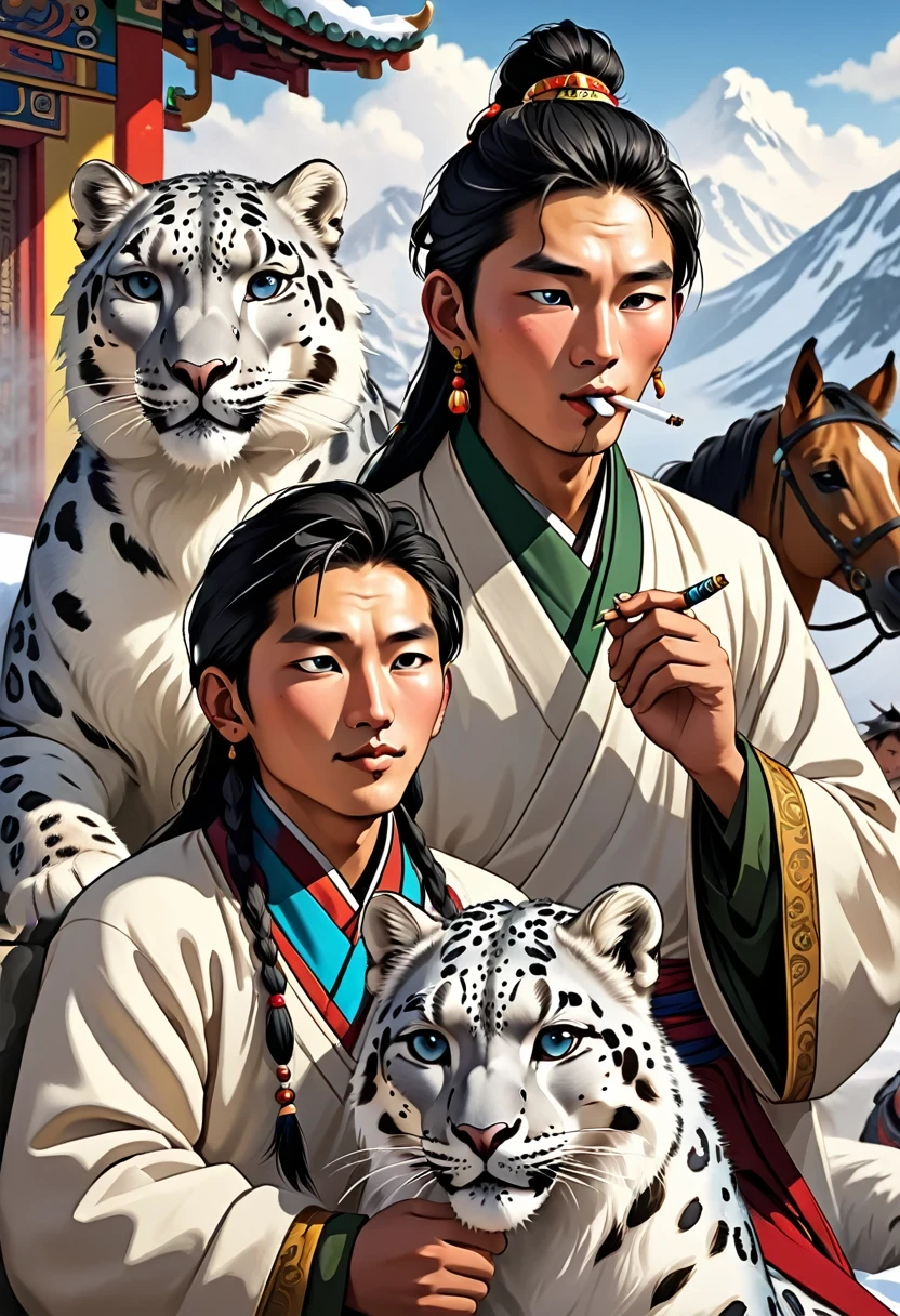 high quality, Rich in details, Tibetan young man，Two pets，One is a snow leopard，The other is a horse that looks like pearl，Youth smoking，vape，Riger Five Generations，Background with young people giving speeches