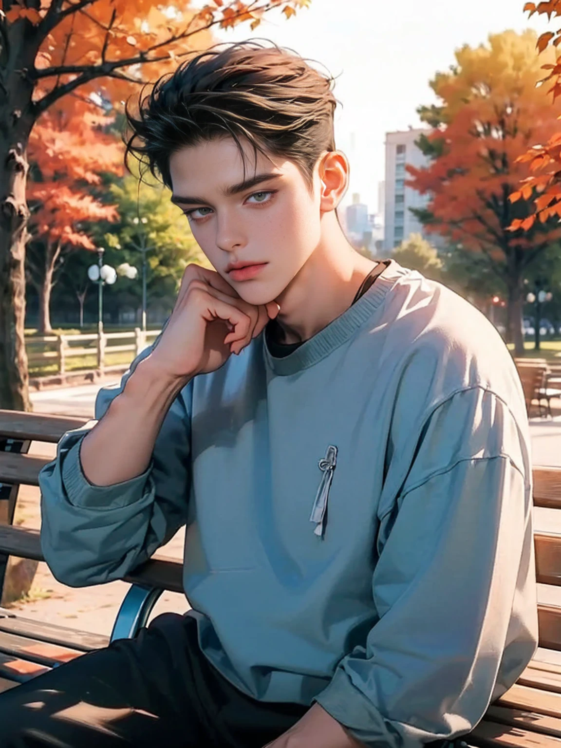 ((masterpiece)), best quality, (8K, best quality, masterpiece: 1.2), Extremely detailed, A man in casual clothes sits on a park bench.