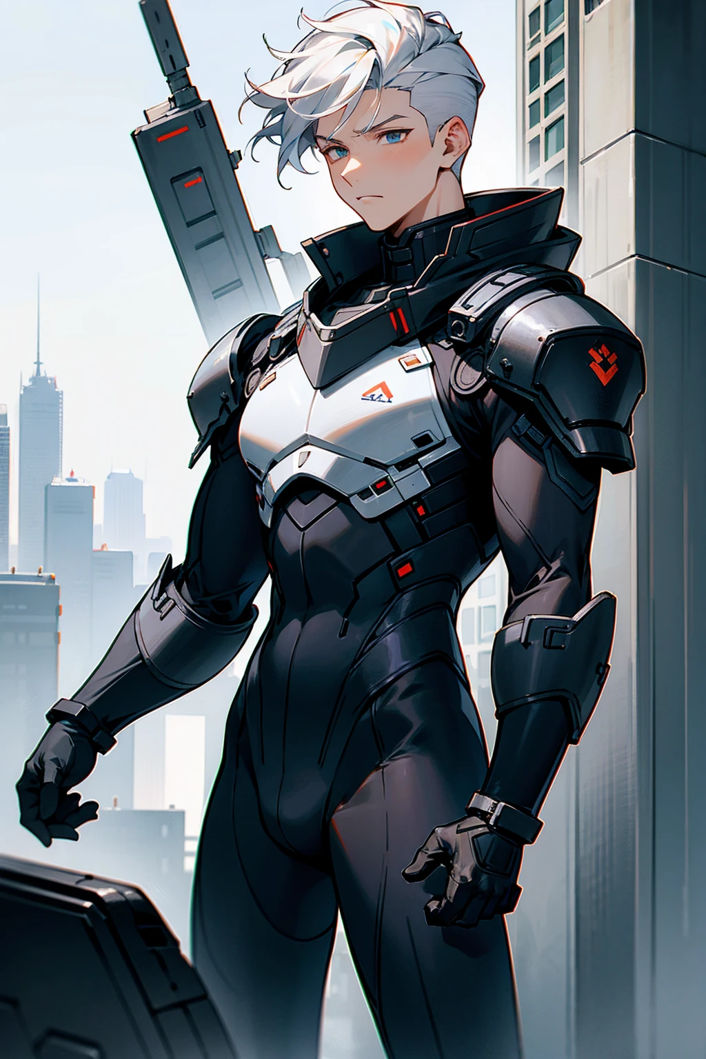 1male , White Hair , Wavy Hair , Undercut Hair , Unique Hair , Calm Expression , Black Bodysuit , Military Armored Combat Clothing , Standing in Modern City Background