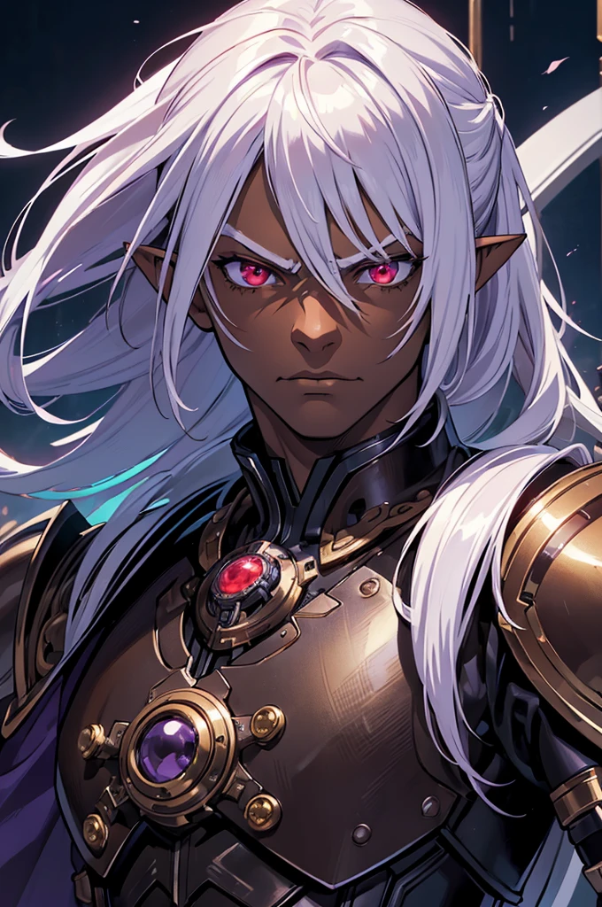 ((best quality)), ((masterpiece)), (detailed), ((boy)), ((mechanical armor)), (steampunk), (serious), dark skinned, human, upper body, portrait, red eyes, long white hair, Xemnas from Kingdom Hearts, half-drow, pointy ears, serious face, dramatic lighting, purple hue, perfect eyes, art by Kinema Citrus and Tetsuya Nomura