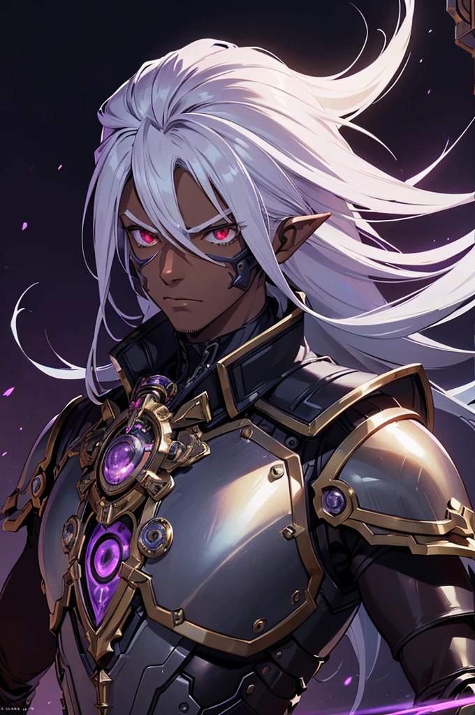 ((best quality)), ((masterpiece)), (detailed), ((boy)), ((mechanical armor)), (steampunk), (serious), dark skinned, human, upper body, portrait, red eyes, long white hair, Xemnas from Kingdom Hearts, half-drow, pointy ears, serious face, dramatic lighting, purple hue, perfect eyes, art by Kinema Citrus and Tetsuya Nomura
